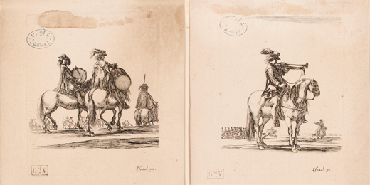 Gravures représentant des cavaliers et des musiciens