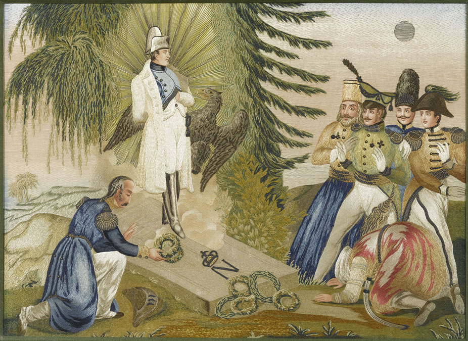 Anonymous embroidered picture presenting an allegorical view of the tomb of Napoleon I in Saint Helena © RMN-Grand Palais, musée des châteaux de Malmaison et de Bois-Préau / Gérard Blot
