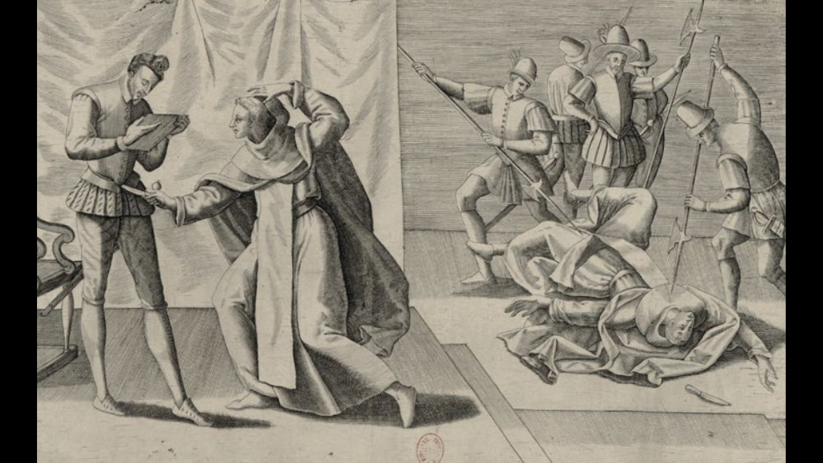 Anonyme, "Assassinat d’Henri III par Jacques Clément moine jacobin à Saint-Cloud le 1er août 1589", XVIe siècle © Bibliothèque nationale de France