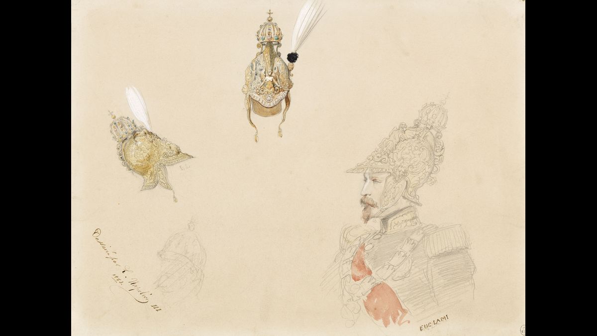 Eugène Lami (1800-1890), Projet de casque d’apparat pour l’Empereur Napoléon III, 1853, Paris, musée de l'Armée © Paris - Musée de l'Armée, Dist. RMN-Grand Palais / Anne-Sylvaine Marre-Noël